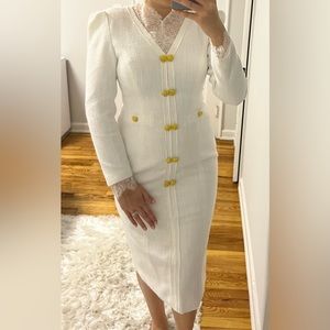 White Tweed Dress with Gold Buttons and chantilly lace collar and sleeve design